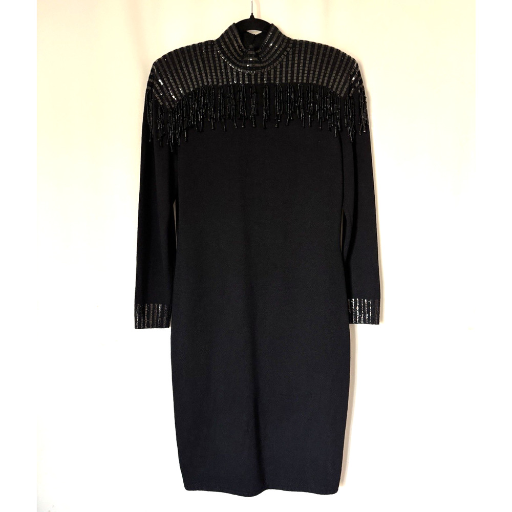 St. John Evening Dress 10 Black Long Sleeve Knee Bodycon Santana Knit Beads Embe